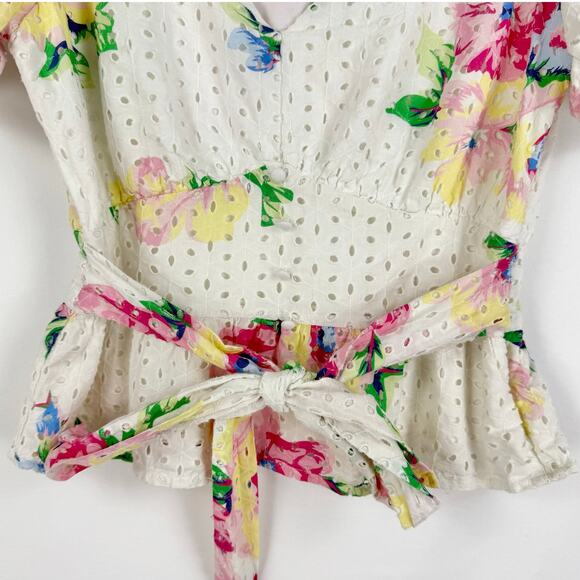 Slate & Willow Women's Floral Tie Peplum Top Medium White Multicolored - Picture 6 of 16